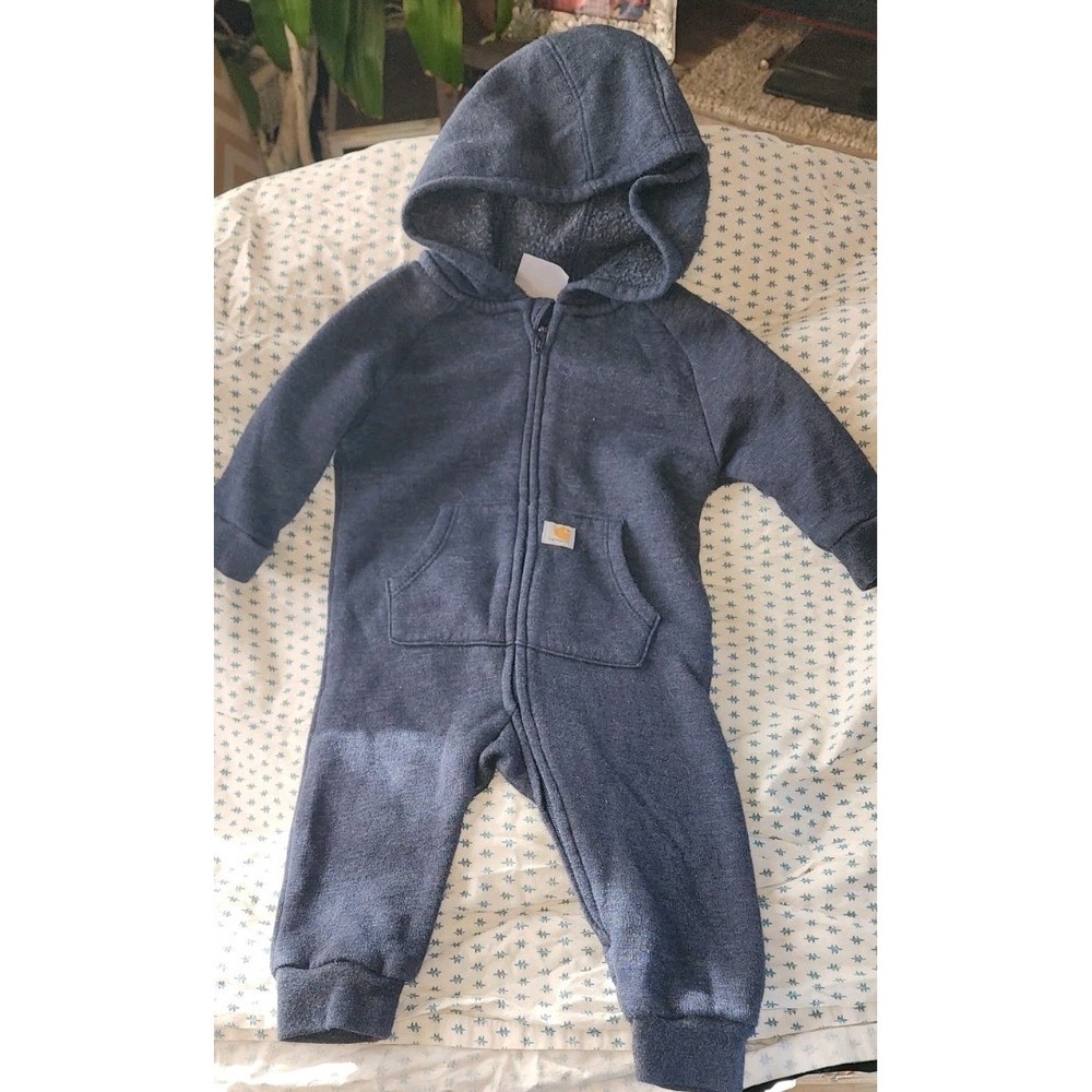 Carhartt Baby Boys Blue Fleece Hooded Romper Coverall 6M Logo Sleeve Zip Up